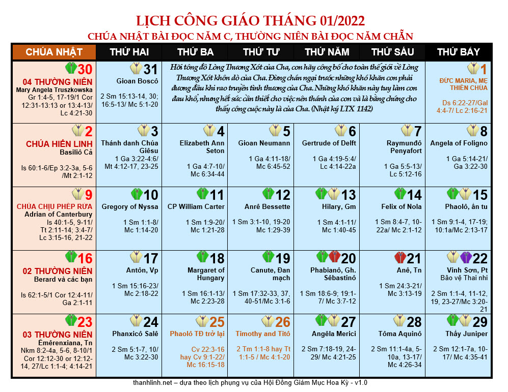 Lịch Phụng Vụ Công Giáo 2022 Vòng Tay Công Giáo